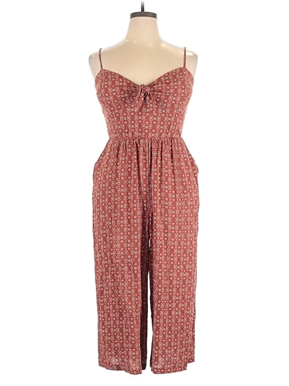 AUW Light Brown Floral Patterned Spaghetti Strap Jumpsuit with Front Tie Romper